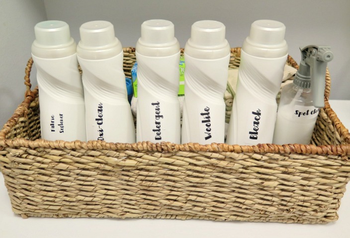 Easy and affordable way to organize your laundry room with labels for each of your cleaners. Add a little personality with some fun fonts!